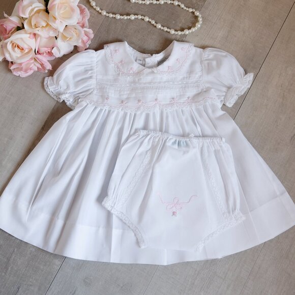 White Dress Feltman Brothers Friedknit Pink Embroidery Special Diaper Cover NWOT - Picture 1 of 9